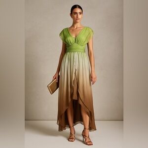 Anthropologie Lapis Ethereal Green and Brown Ombre Layered Silk Midi Dress
